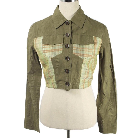 VASSALLI Green & Plaid Patchwork Cropped Jacket Italian Made Size 6 - Picture 1 of 5